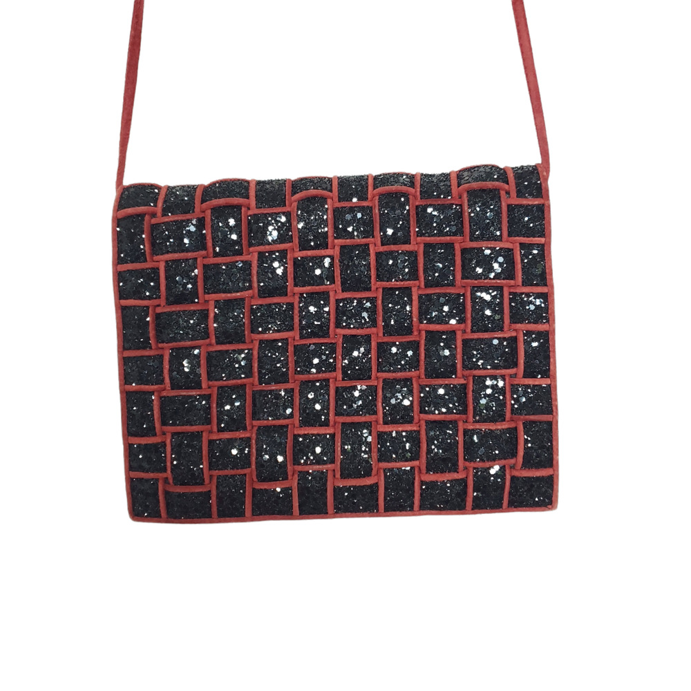 Maud Frizon Mr. Jay Red Black Sparkle Suede Flap Over Shoulder Bag Purse